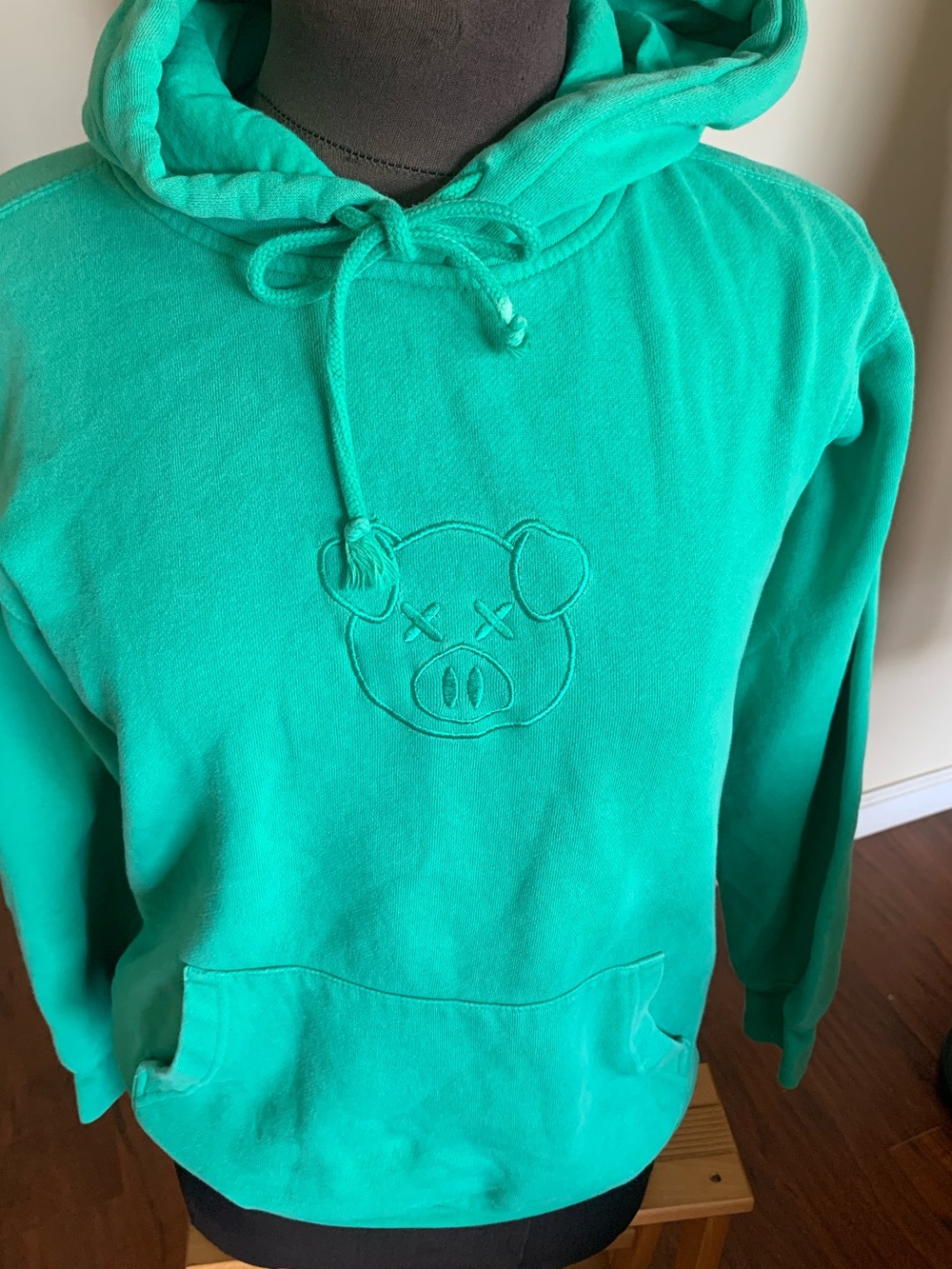 Green Hooded Sweatshirt with Embroidered Pig Motif